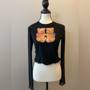 dELiA*s Black Crop Top with Teddy Bear Design Mesh Sleeves size S Y2K 90’s